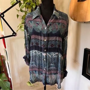 Vtg 80s 90s Tess Sheer 100% Silk Blouse - Shades Of Blue- Size Medium